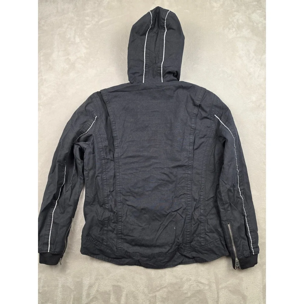 True Religion Moto Jacket‎ Mens Large Black Camo Lined Zip Hood Biker Reflective